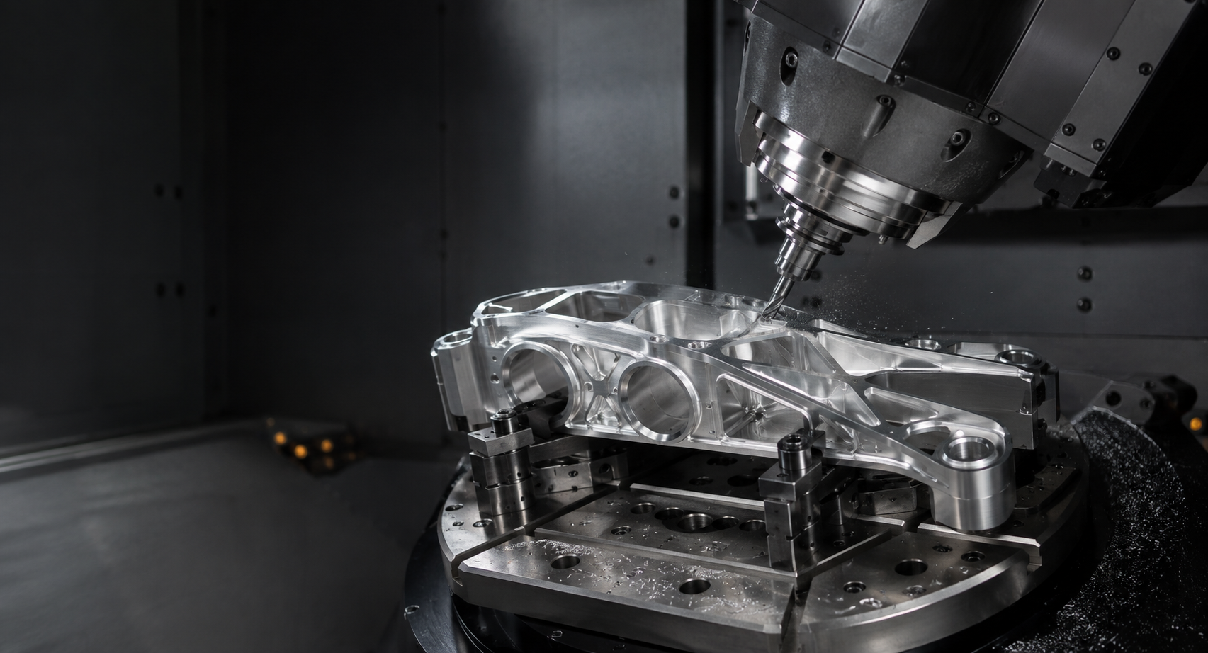 Five-axis CNC machine cutting a precision aluminium component